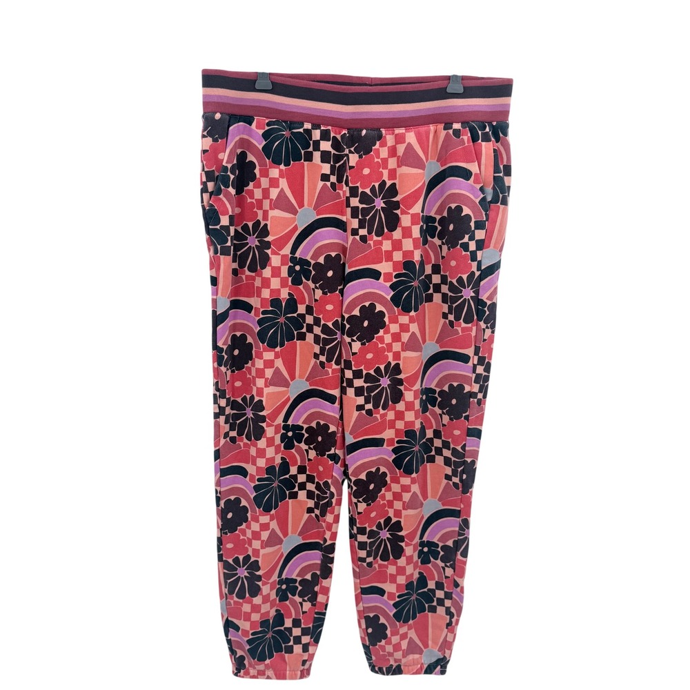 Marine Layer Amelia Retro Floral Checkerboard Joggers Pink Orange XL